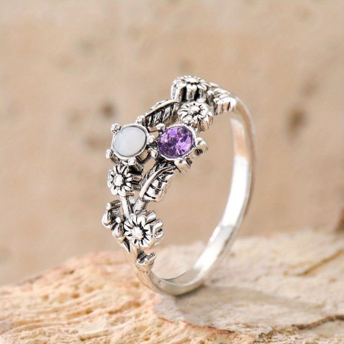 Vintage Amethyst Moonstone Floral Ring