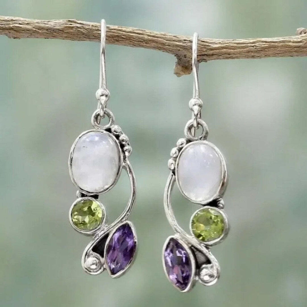 Moonstone Amethyst Peridot Cascade Earrings