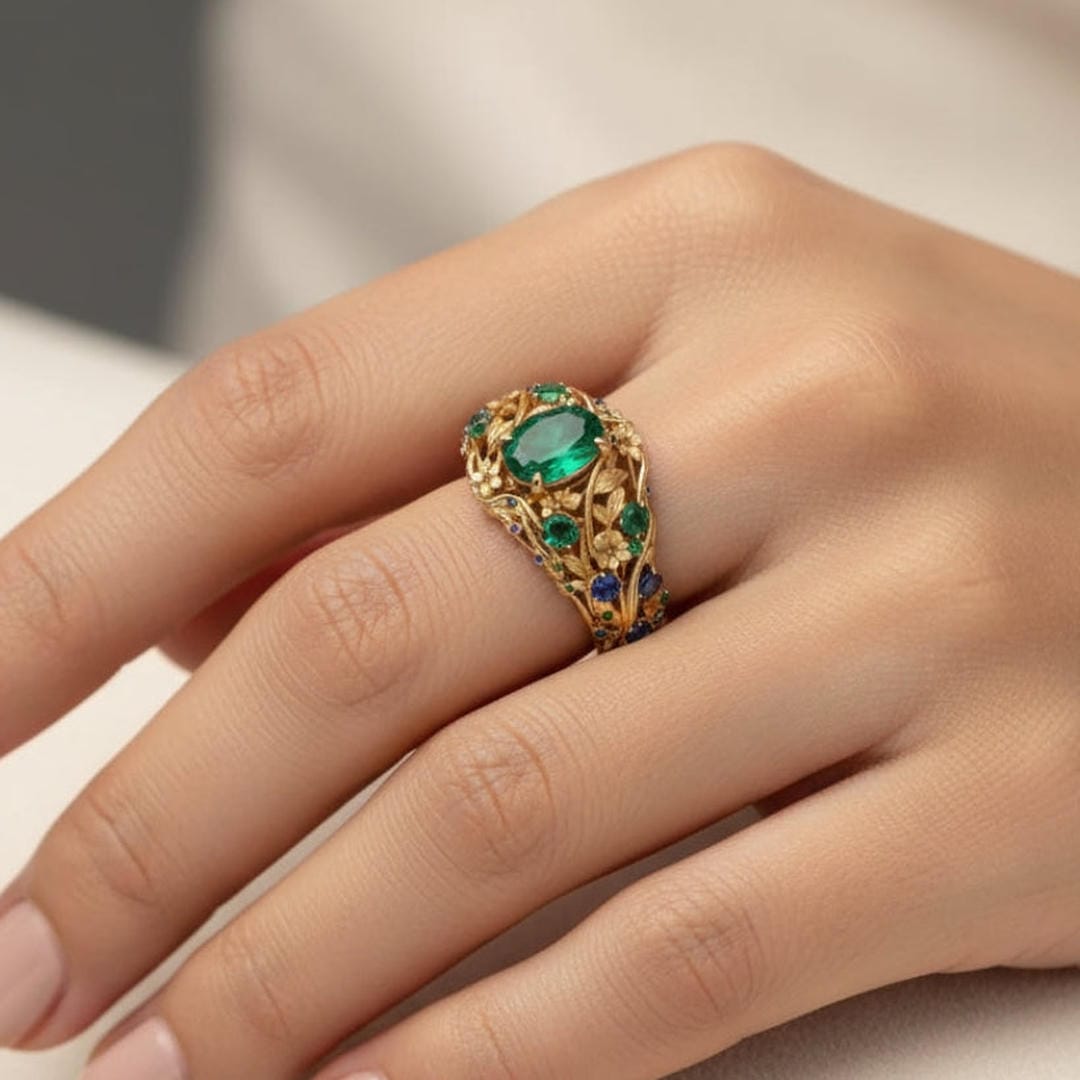 Green & Blue Crystal Gold Ring