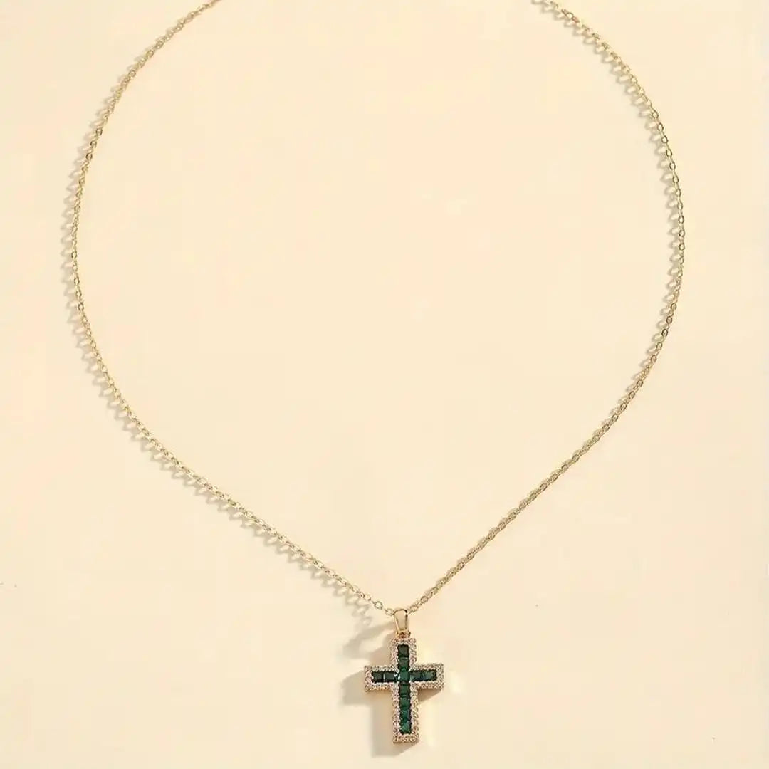 Emerald Cross Pendant Gold Necklace