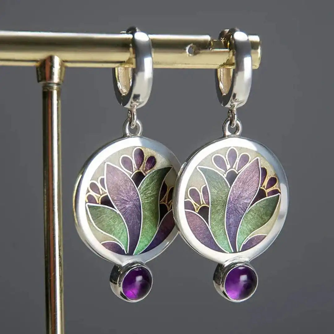 Vintage Boho Earrings with Purple Crystals