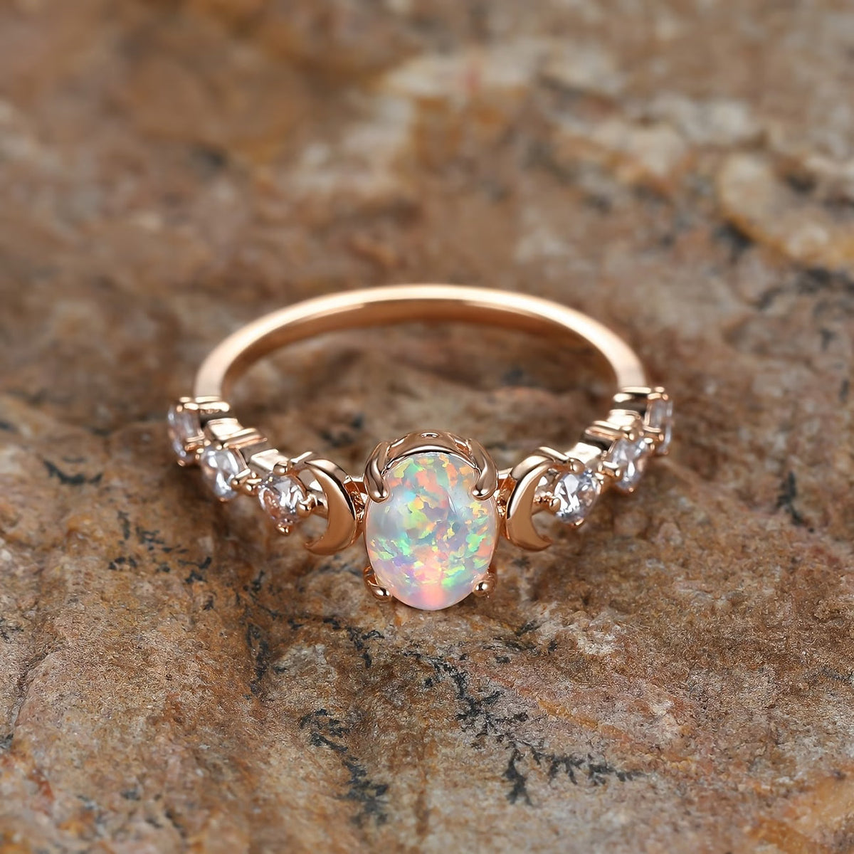 Opal Crescent Moon Ring | Rose Gold