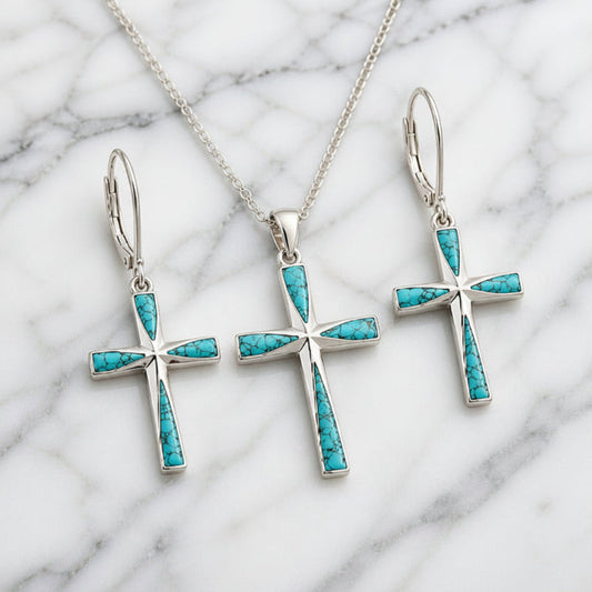 Turquoise Cross Earrings & Necklace Set