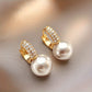 Pearl Huggie Paved Drop Earrings