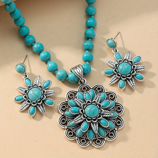 Turquoise Buddha Necklace and Earrings Set