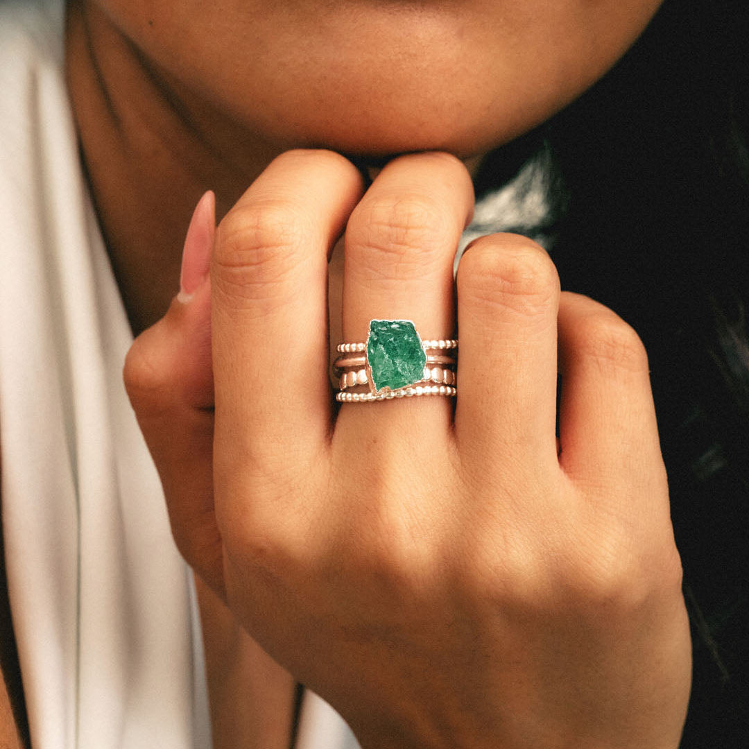 Green Aventurine Silver Ring Set