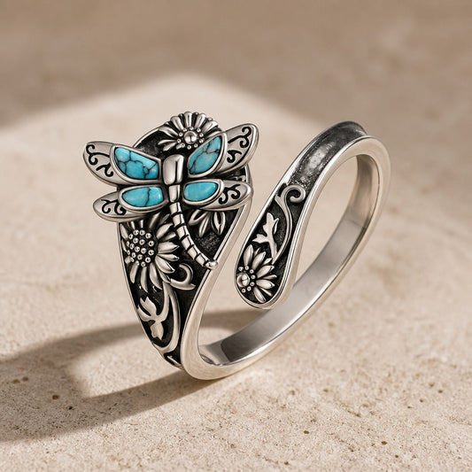 Dragonfly & Flower Engraved Silver Ring