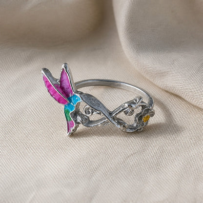 Hummingbird Floral Eternity Silver Ring
