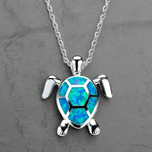 Silver Necklace with Blue Opal Turtle Charm