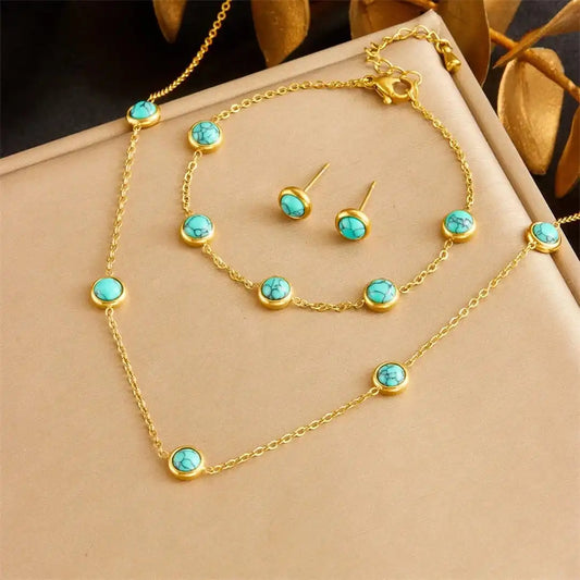 Bohemian Silver Turquoise Necklace, Earrings & Bracelet Set