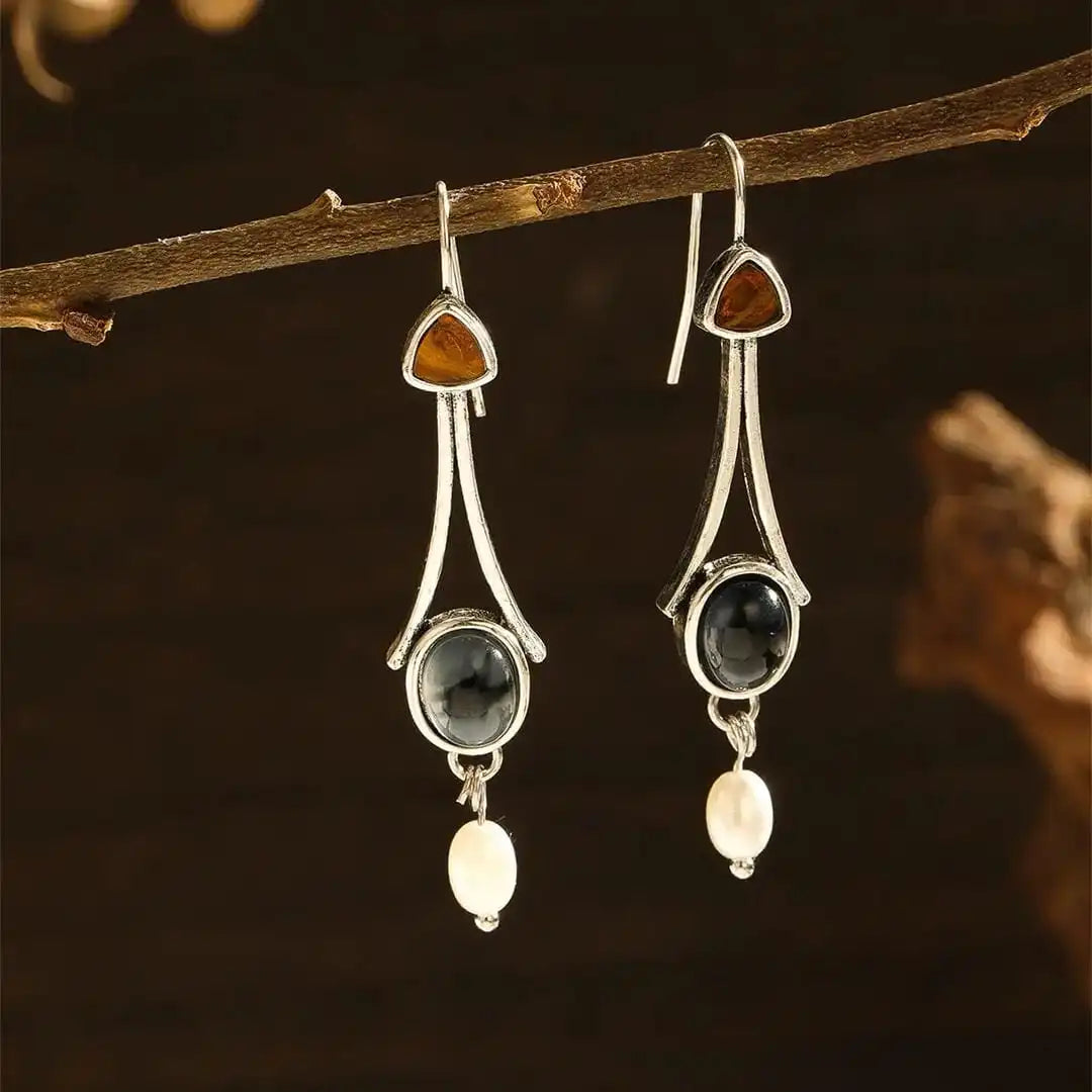 Silver Tri-Stone Pearl Drop Earrings