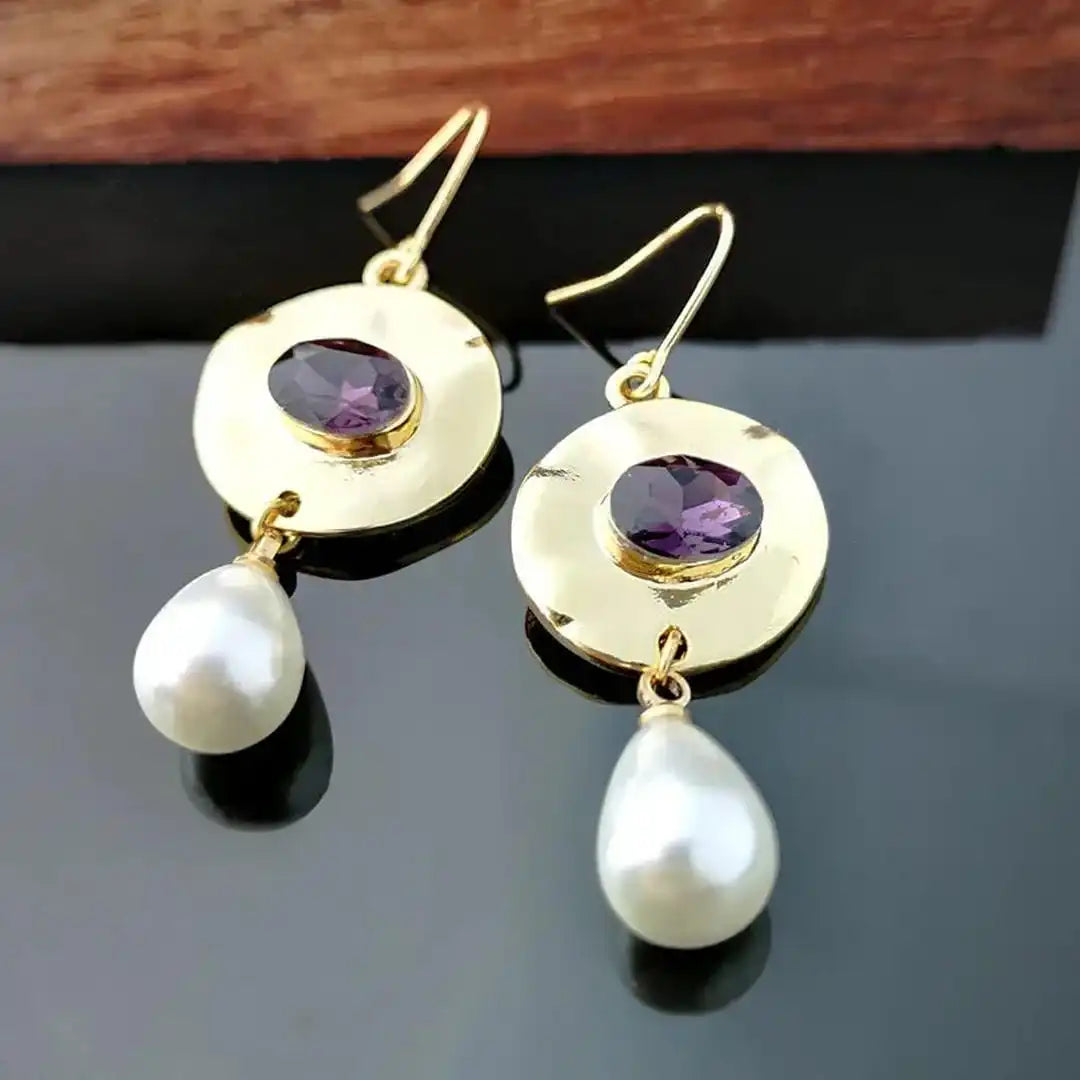 Pearl Earrings with Purple Zirconia