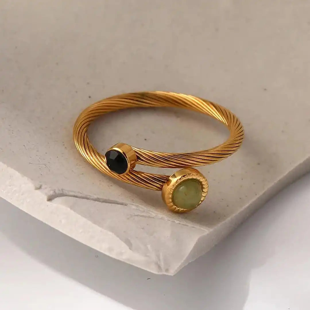 Adjustable Green and Black Natural Stone Ring