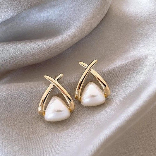 Vintage Cross Triangle Pearl Dropping Earrings