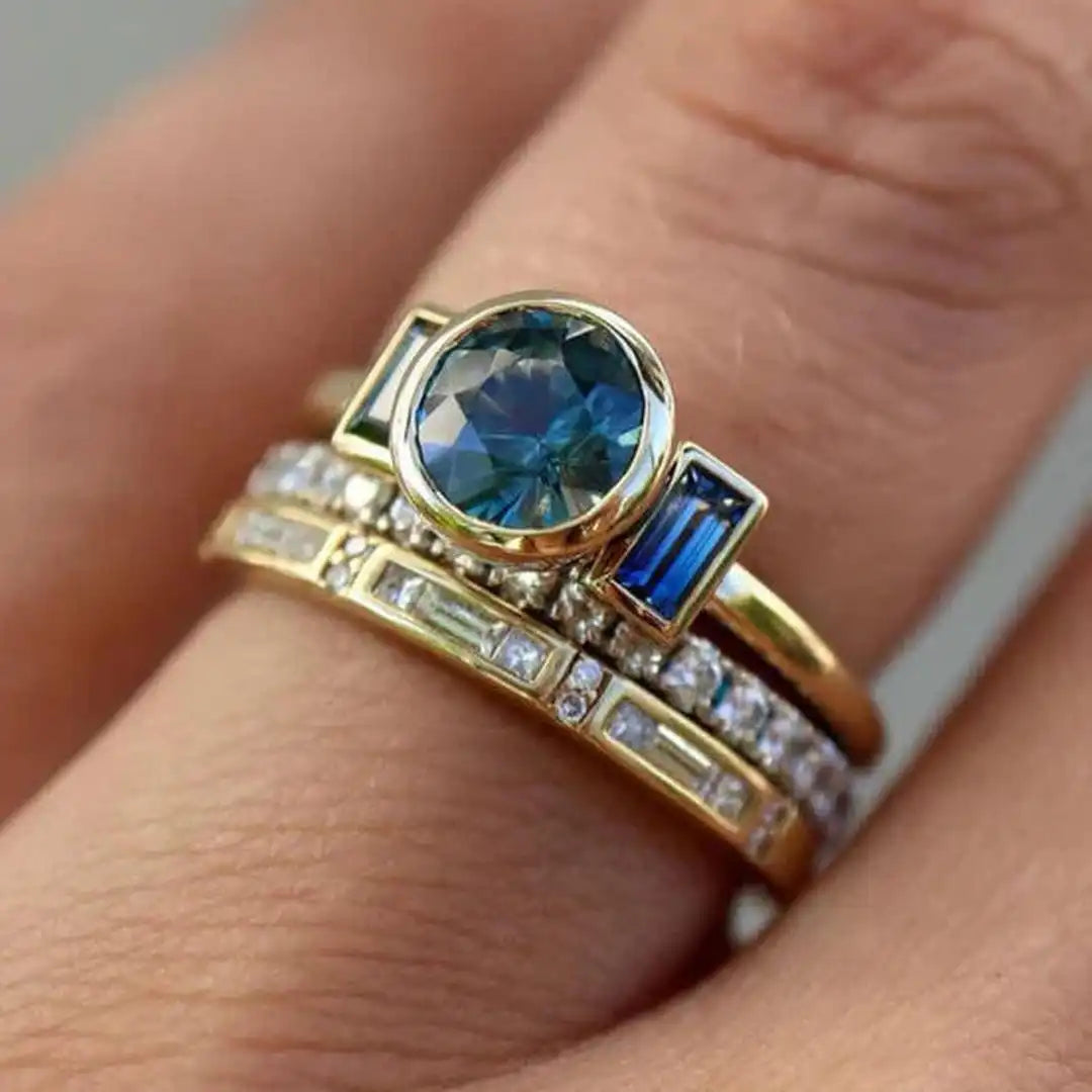 Antique Blue Elegant Ring Set | Gold
