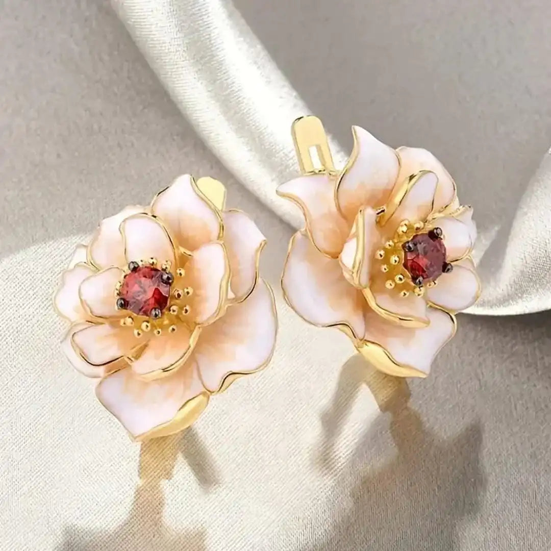 White Flower Red Zirconia Earrings