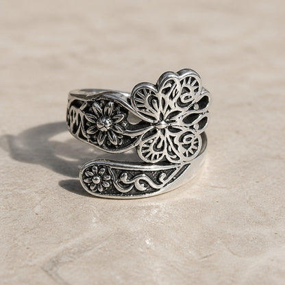 Floral Butterfly Adjustable Silver Ring