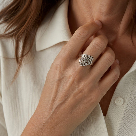 Floral Butterfly Adjustable Silver Ring