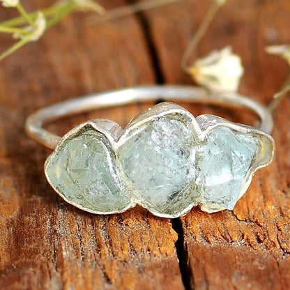 Three Stone Raw Aquamarine Ring