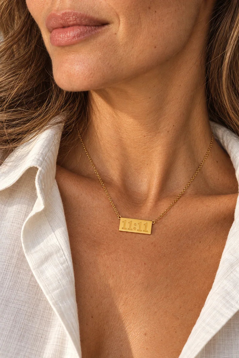 Lucky Elevens Necklace with a relaxed linen shirt