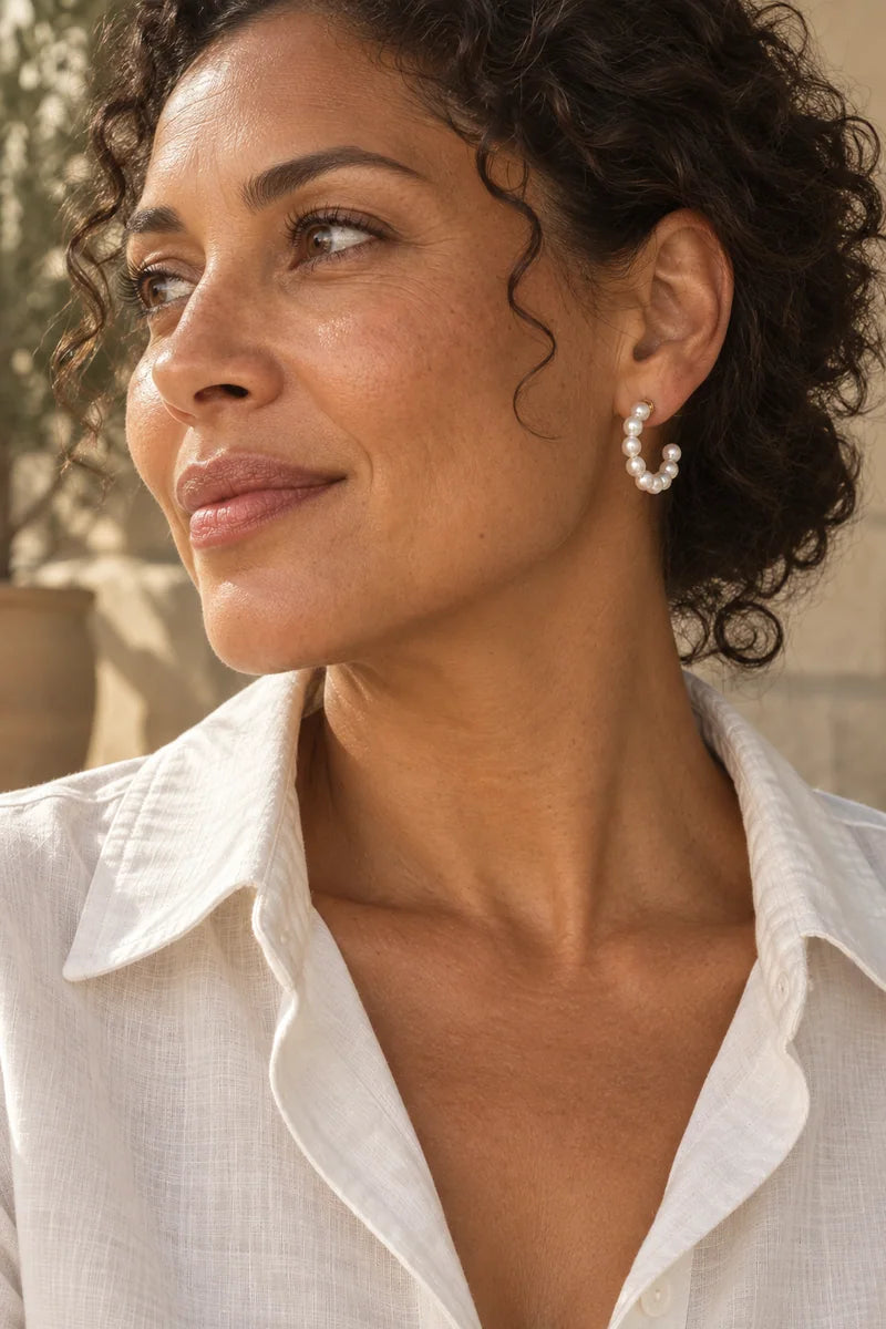 Pearl Earrings styled with an ivory linen shirt