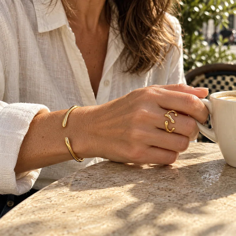 Lysa Bracelet and Drift Ring in a relaxed everyday moment